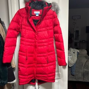 Brand new long Columbia jacket. XS bright red with removable hoodie.